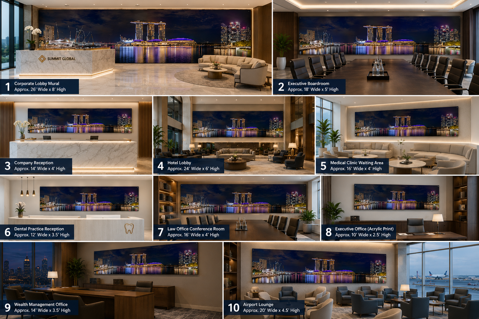 Mockups of Marina Bay Wall mural in various commercial applications.