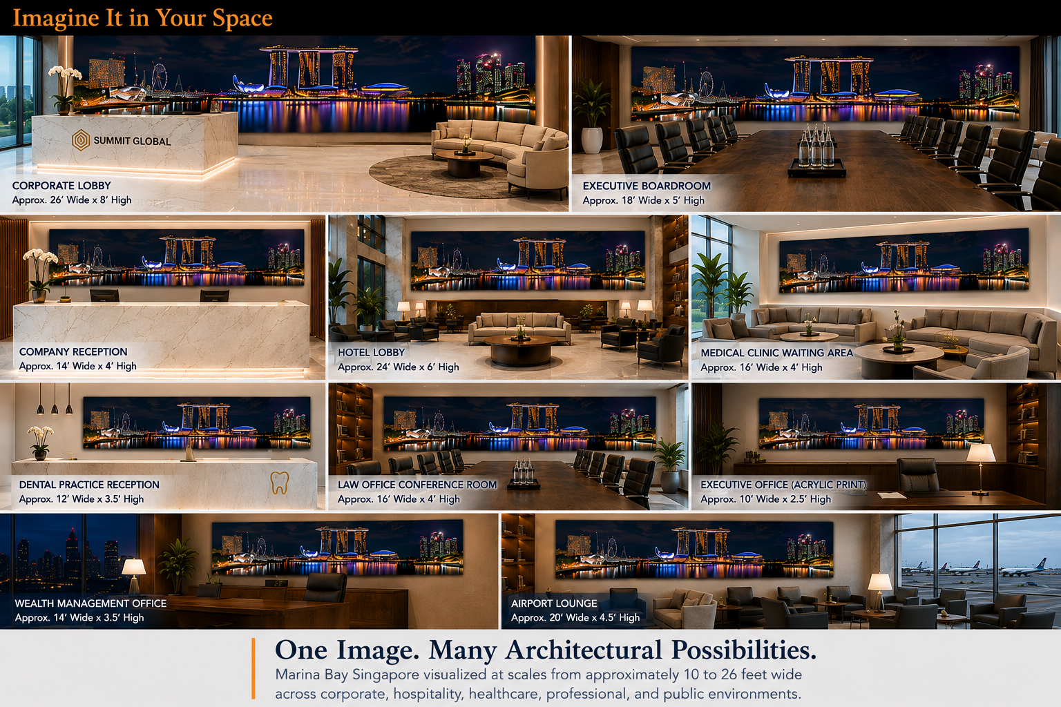 Marina Bay Singapore gigapixel photography visualized as architectural wall art in commercial interior spaces.
