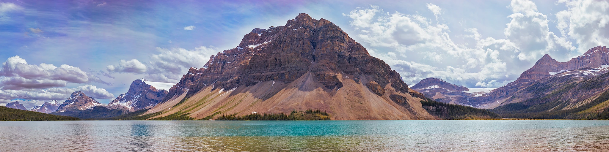 Panoramic view across Bow Lake in Banff National Park, Alberta, Canada