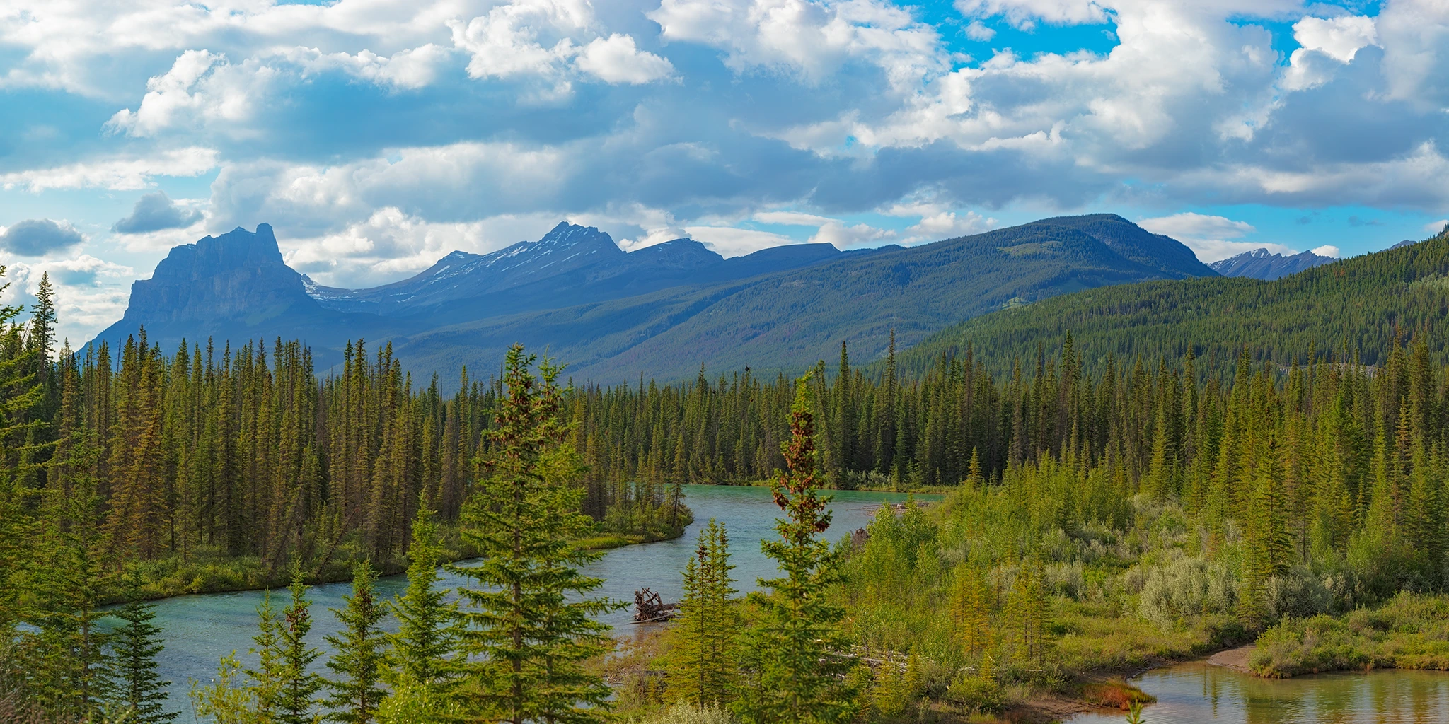 Bow River winding through the Canadian Rockies in Banff National Park, Alberta
