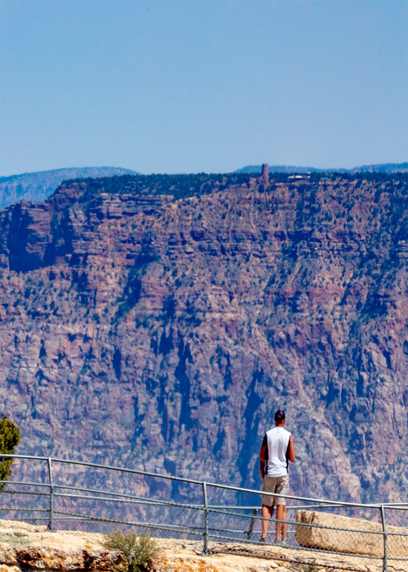 Desert View Watchtower on the distant South Rim of the Grand Canyon, photographed from Cape Royal on the North Rim