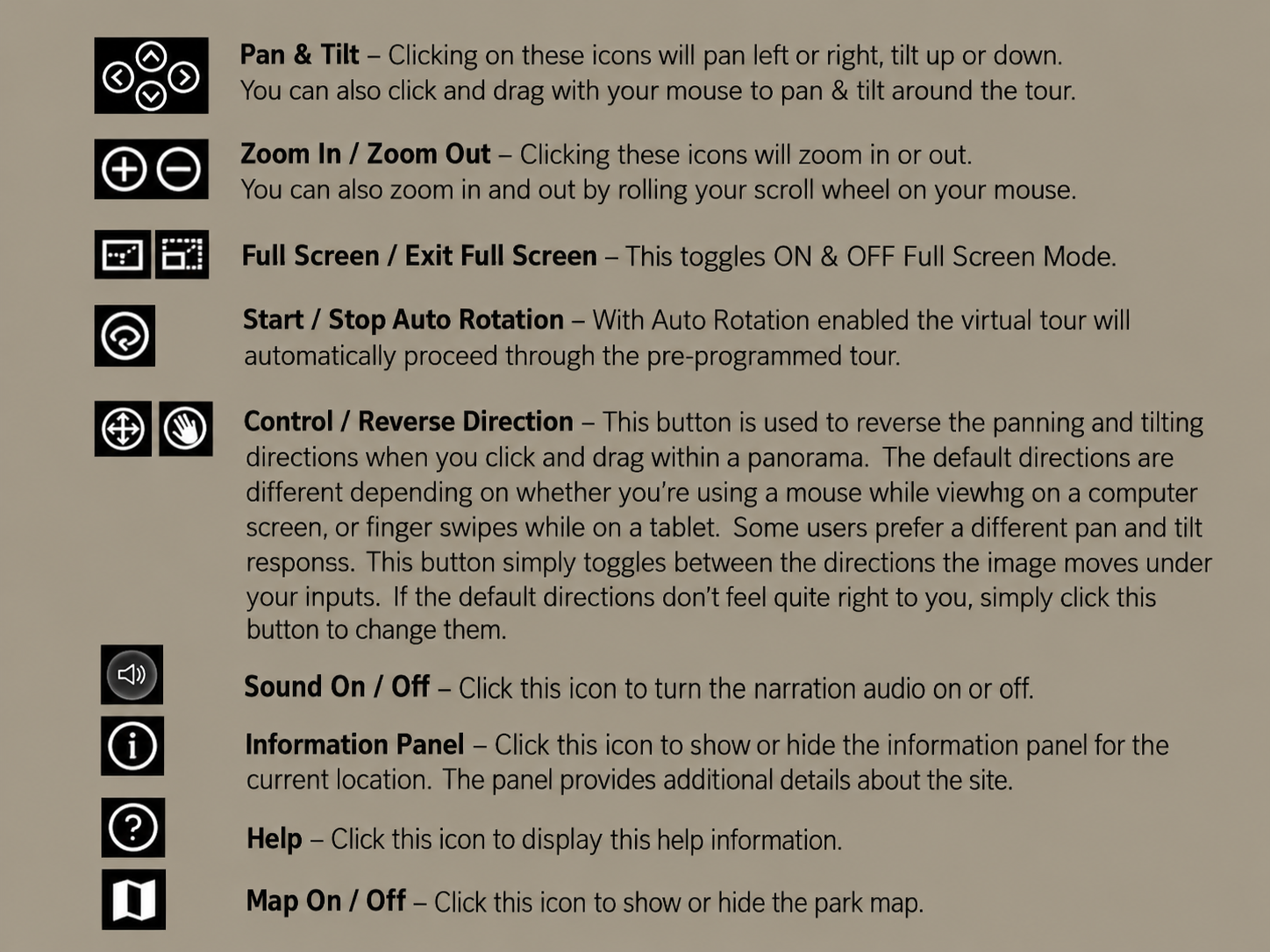 Guide to Virtual Rocky Mountain National Park tour navigation controls